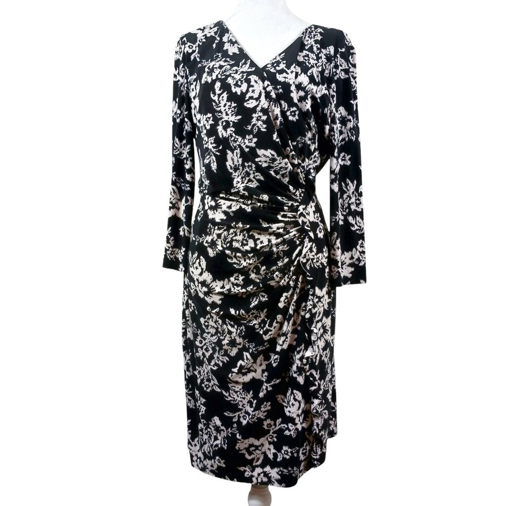 Chaps, Black & White Print Dress, Size XL, Flattering Ruching Detail, Stretch